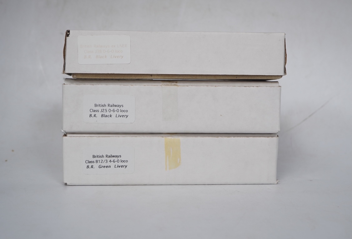 Three boxed Union Mills Models N gauge railway BR locomotives; a Class J38, 65929, a Class J25, 65685, and a Class B12/3, 61546. Condition - good.